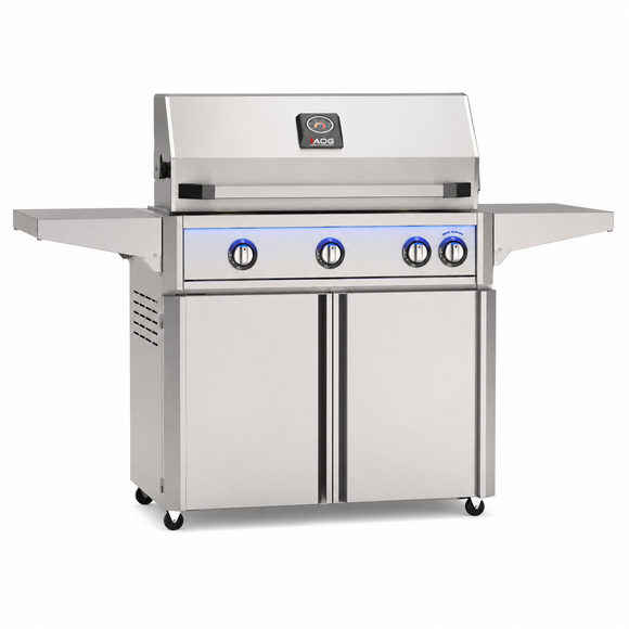 American Outdoor Grill 36-inch L-Series freestanding gas grill with lid closed, stainless steel finish, front view on white background

