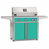 American Outdoor Grill 36-inch L-Series freestanding gas grill with lid closed, teal finish, front view on white background
