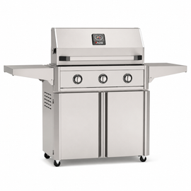 American Outdoor Grill 36-inch T-Series freestanding gas grill with lid closed, stainless steel finish, front view on white background
