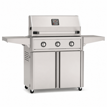 American Outdoor Grill 36-inch T-Series freestanding gas grill with lid closed, stainless steel finish, front view on white background
