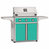 American Outdoor Grill 36-inch T-Series freestanding gas grill with lid closed, teal finish, front view on white background
