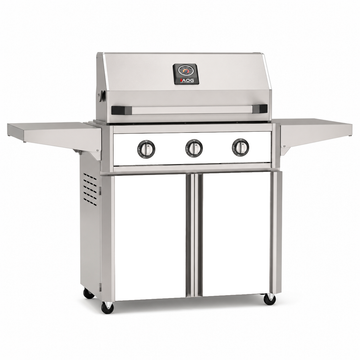American Outdoor Grill 36-inch T-Series freestanding gas grill with lid closed, white finish, front view on white background
