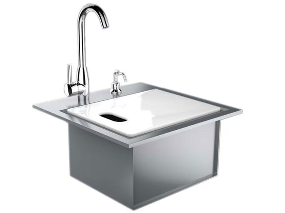 Sunstone Premium Outdoor-Rated 21 x 20-Inch Stainless Steel Drop-In Sink with Faucet & Cutting Board