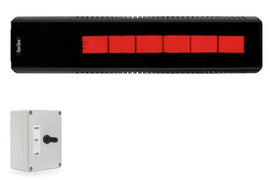 Liquid Propane BLACK SUNSTAR Package: Two-Stage 50,000 TO 34,000 BTU Infrared Heater with a 3-way position switch and adjustable mounting kit for 15° to 60° angled installations. For 8' to 11' mounting height.