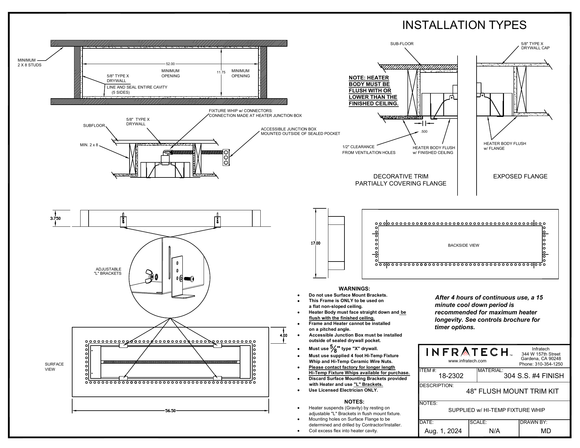 Infratech 18-2302 48-inch W/WD flush-mount frame: original manufacturer dimensions and installation drawing