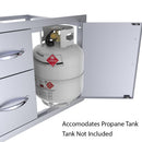 Sunstone C-DDC42 42-inch drawer and dual-door combo, right access door open with optional propane tank shown; tank not included