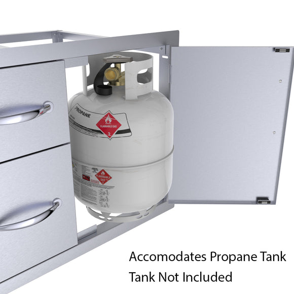 Sunstone C-DDC42 42-inch drawer and dual-door combo, right access door open with optional propane tank shown; tank not included